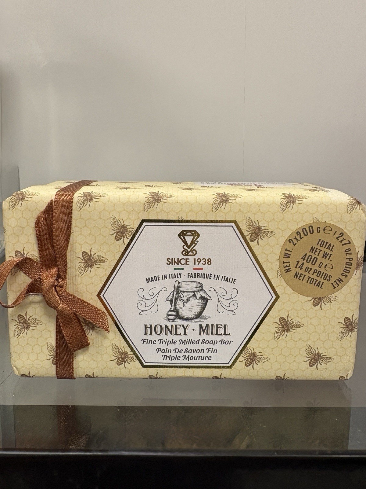 NEW Honey Miel Triple Milled Soap Bar Set 2x200g 14oz Made in Italy Gift Box.