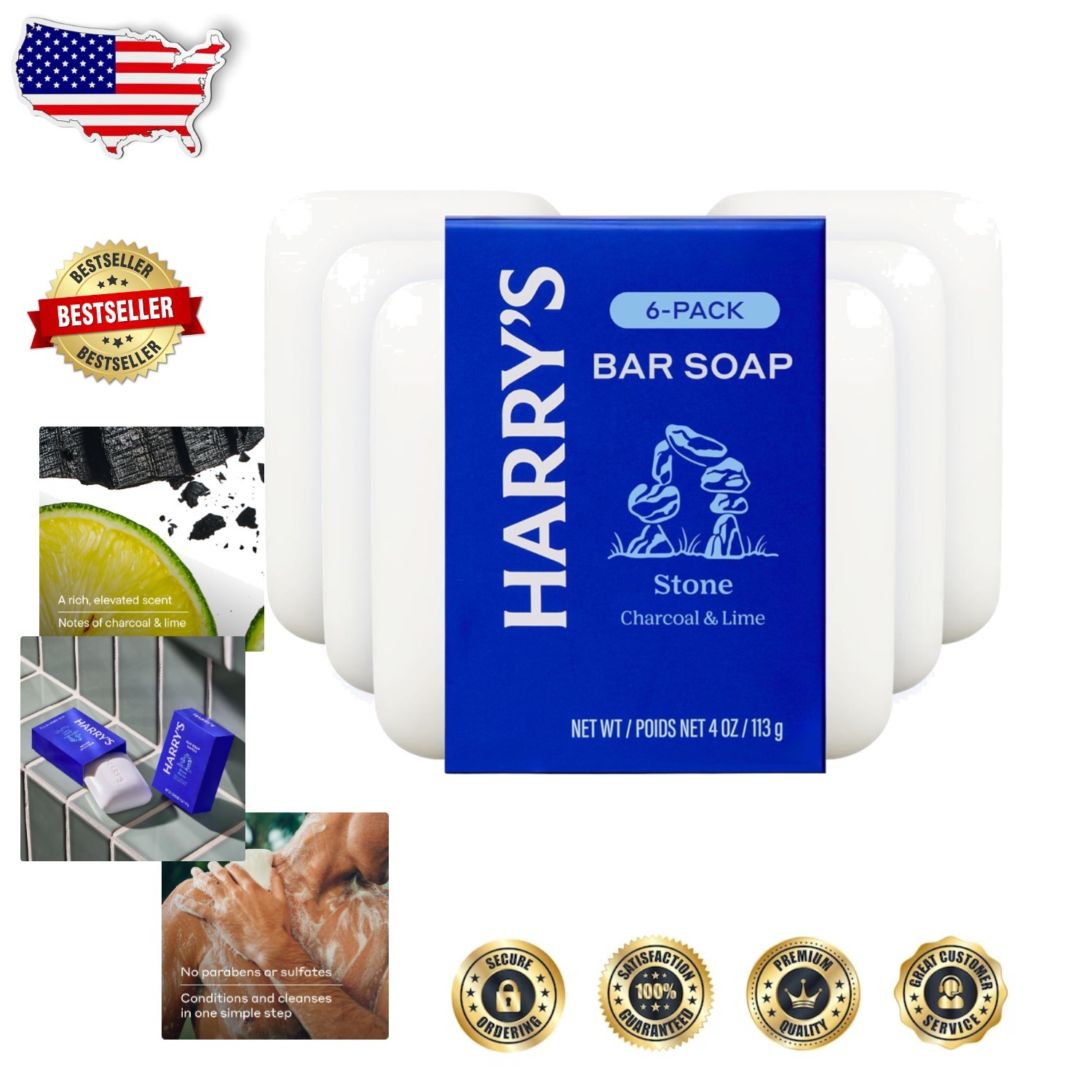 Bar Soap Men 4oz Stone Scent 6 Pack Cruelty-Free Sustainable Palm Oil Cleansing