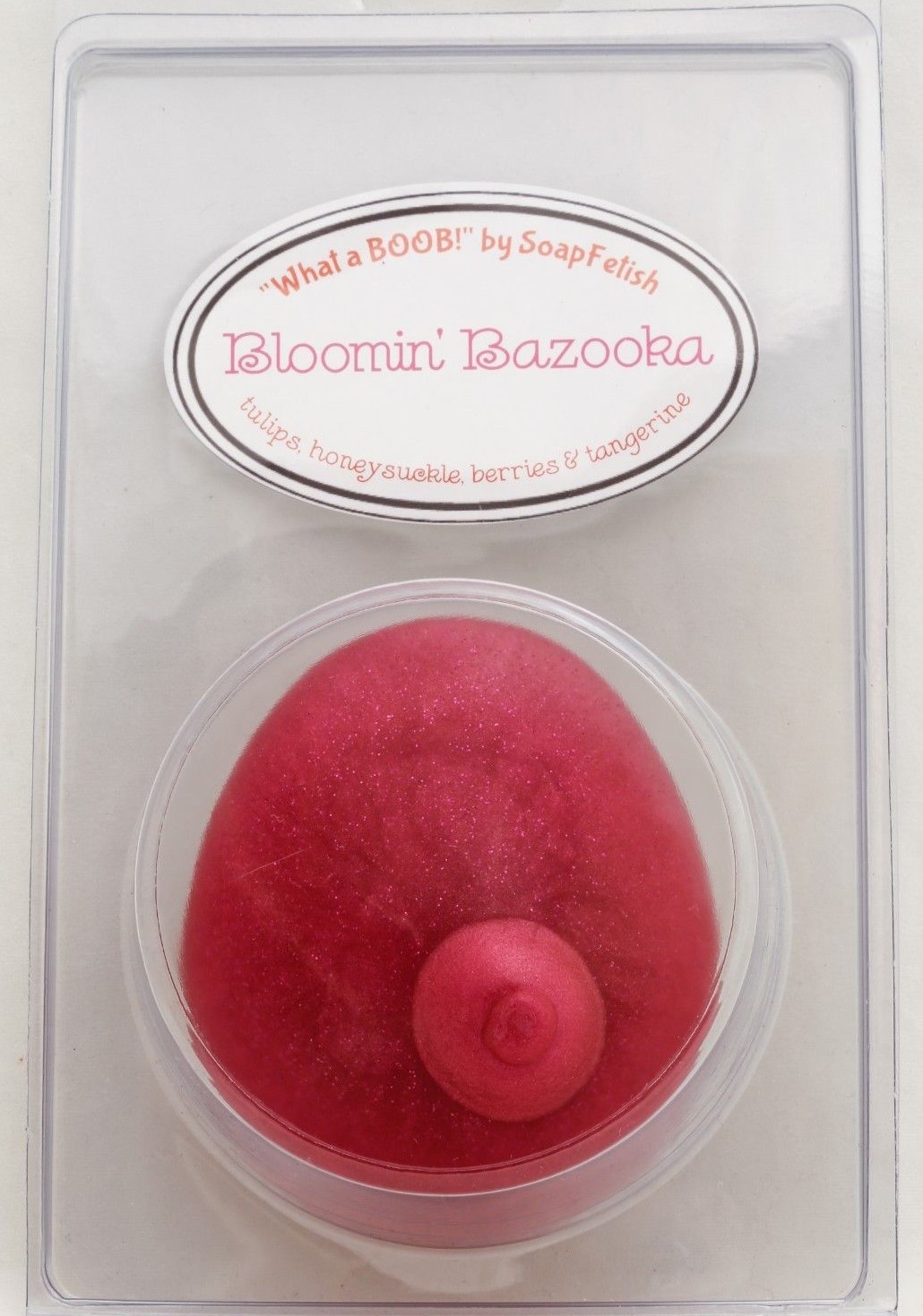 Bloomin’ Bazooka, tulip, honeysuckle, tulip berry & tangerine hot pink boob soap