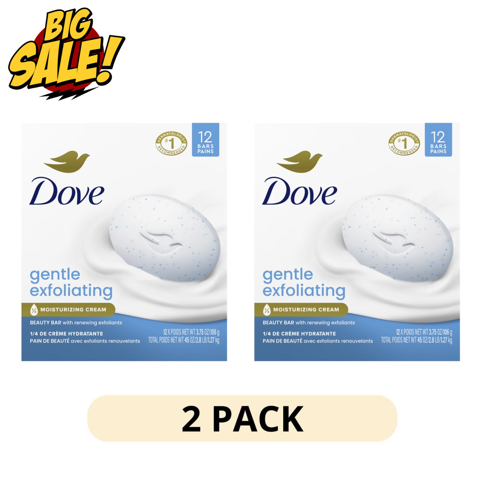 2 Pack Dove Beauty Bar Gentle Exfoliating 3.75 oz 12 Bars Soft Smooth Skin Clean