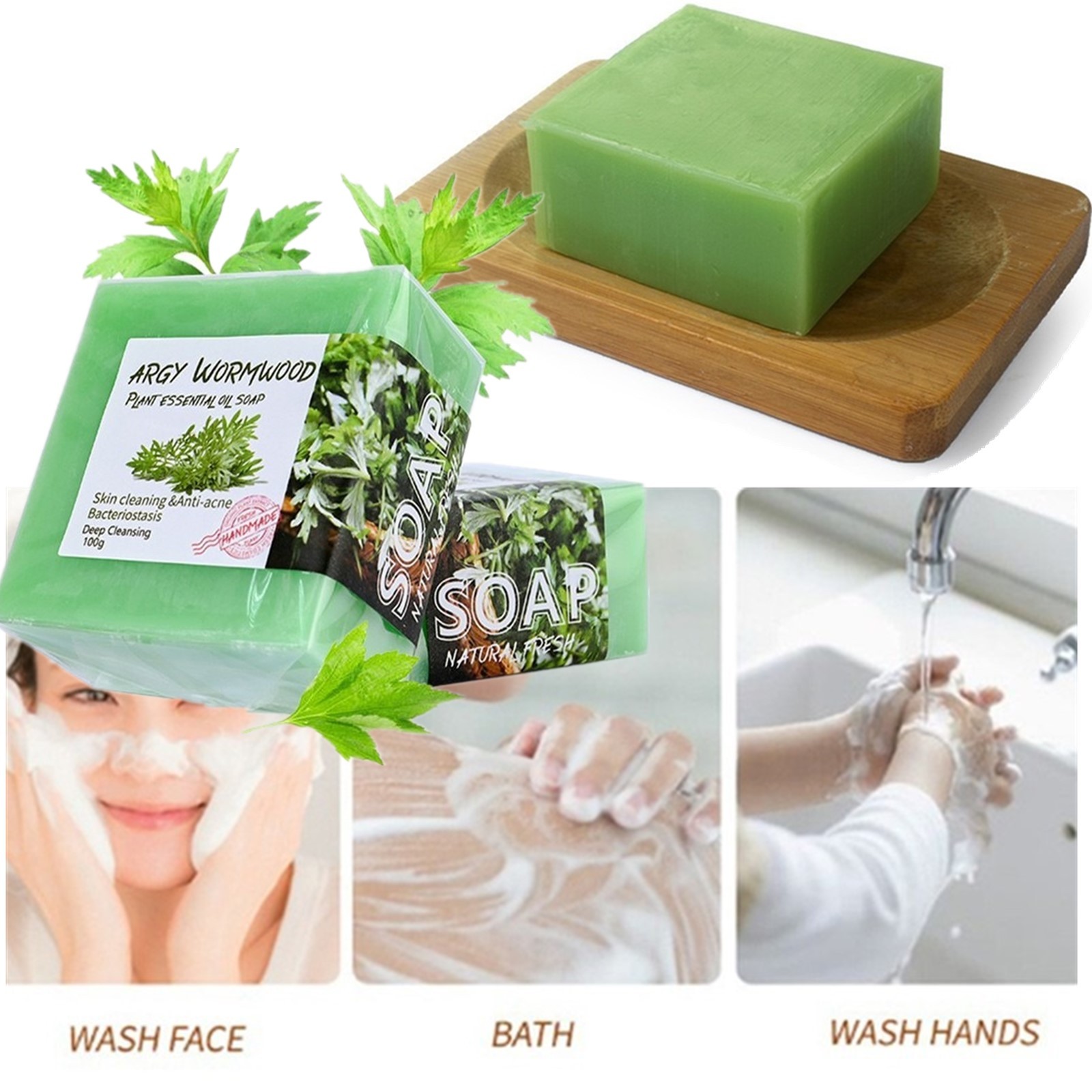 3PCS Argy Wormwood Skin-friendly Handmade Soap Facial Cleansing Oil Control