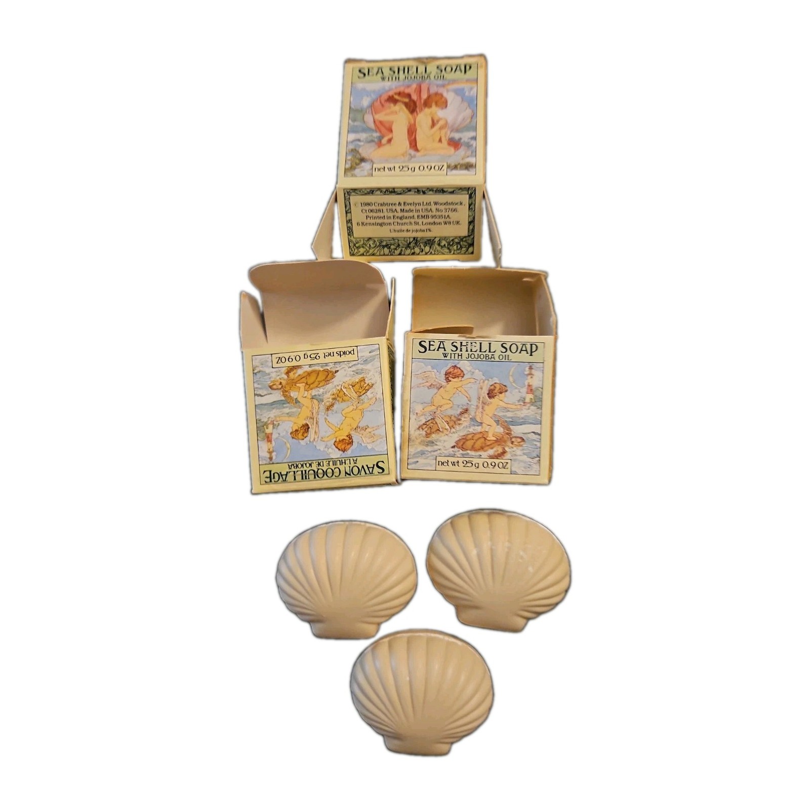 Vintage 1980 Crabtree & Evelyn Sea Shell Shape Soap 3 Pieces 0.9 oz Each