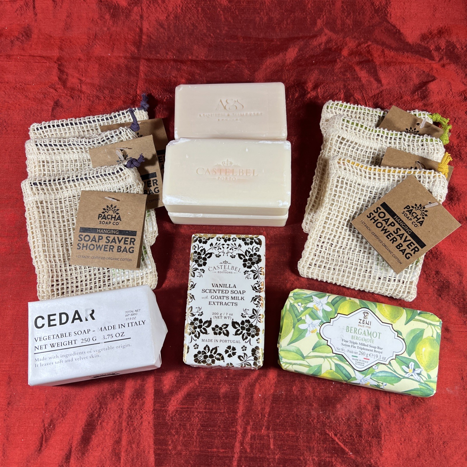 Luxury Import Bar Soap & Organic Shower Bag 12-Piece Mega Bundle Lot