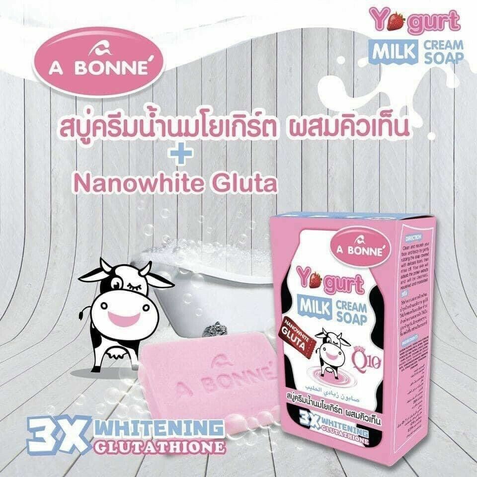 3 x A Bonne’ Yogurt Milk Cream Soap Bar Gluta Q10 Whitening Baby Body Skin 90 g