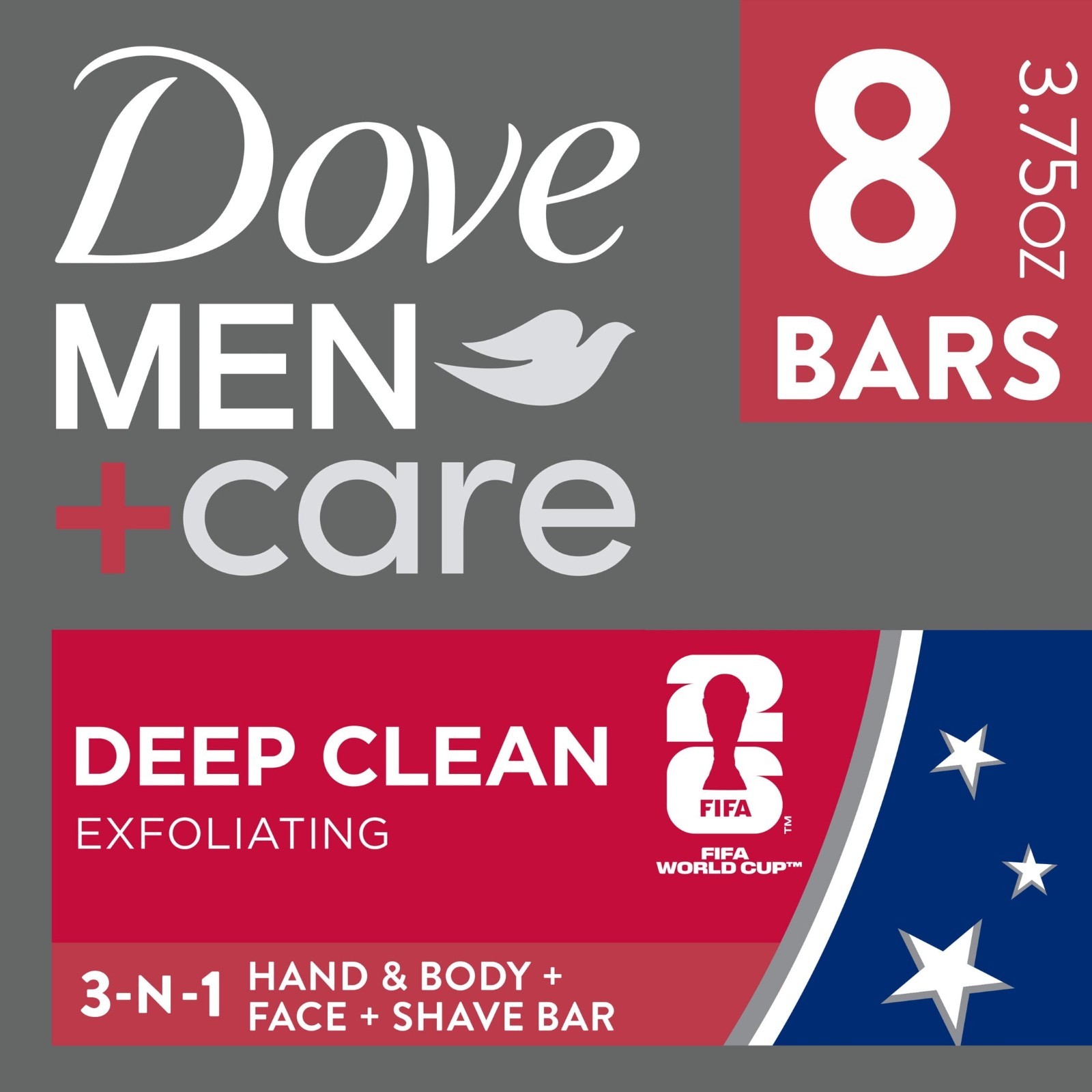 (2 Pack) Dove Men+Care FIFA Deep Clean Bar Soap 8 Bars 3.75 oz Nourishing Skin