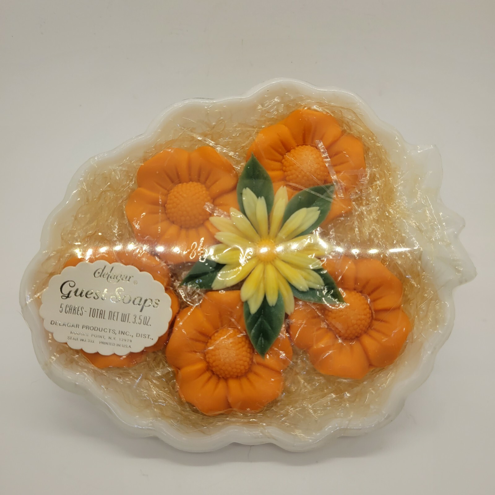 Vintage Delagar Orange Floral Guest Soaps sealed in Package Milk Glass Dish