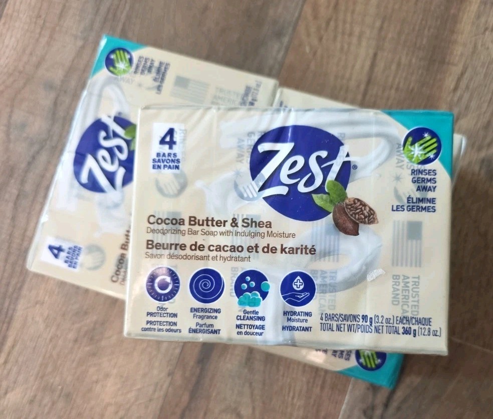 Lot Of 3 Zest Cocoa Butter & Shea Bar Soap, for All Skin Types 4 Packs 12 Bars