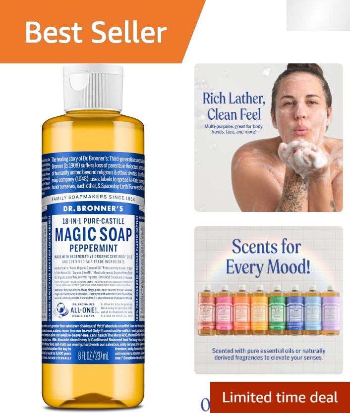 18-in-1 Pure-Castile Liquid Soap 8 Oz Peppermint – Organic, Non-GMO,
