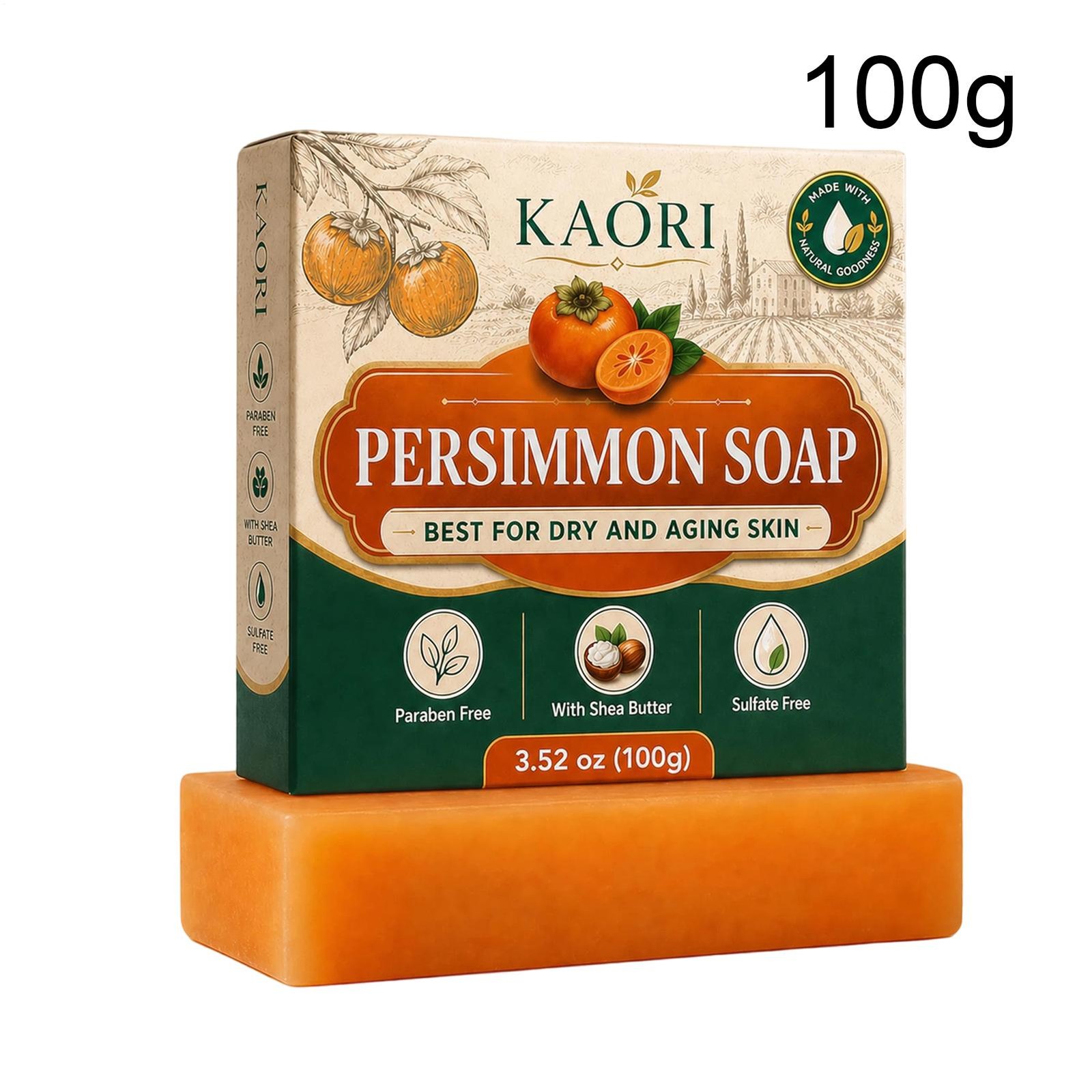 Persimmon Soap Green Tea Extract For Dry Aging Skin Unisex 1pc