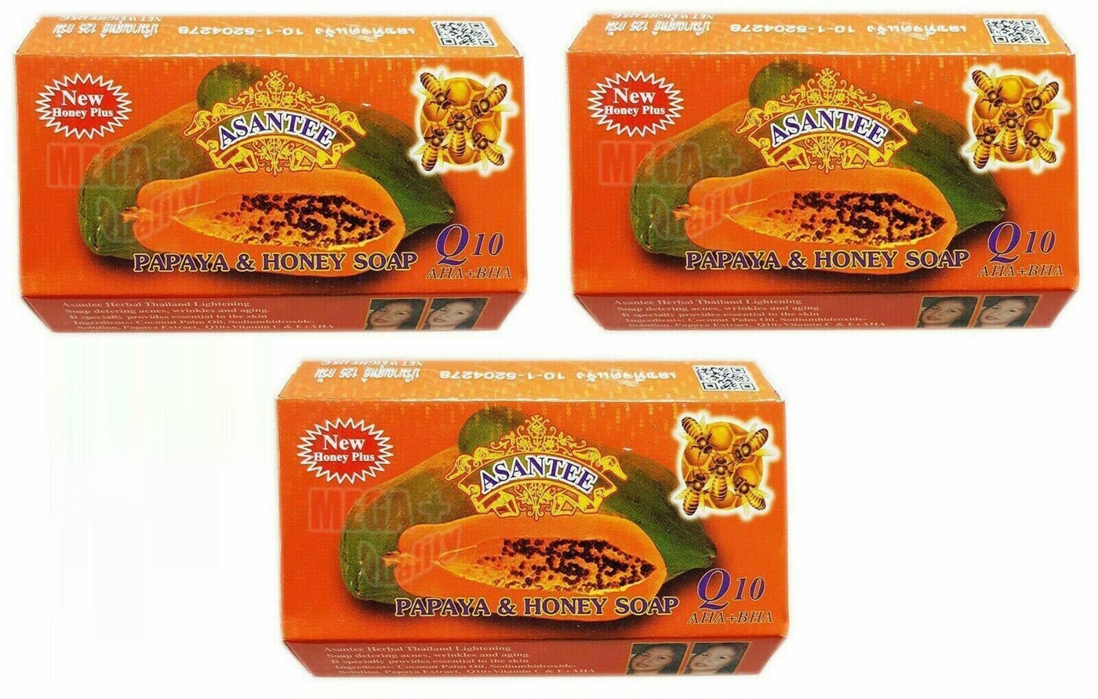 3 x Asantee Thai Herbal Papaya Honey Soap with Q10, AHA, BHA Skin Whitening 125g