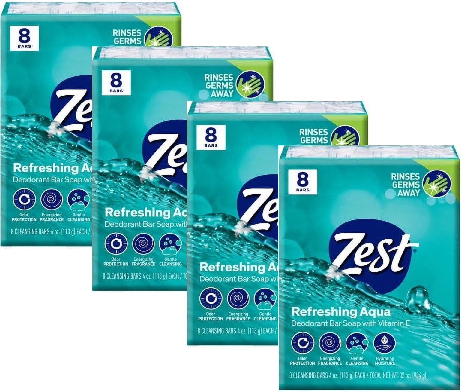 Zest Deodorant Bar Bath Soap, Hydrating Moisture, Aqua, 4 oz, 8 Bars, Pack of 4