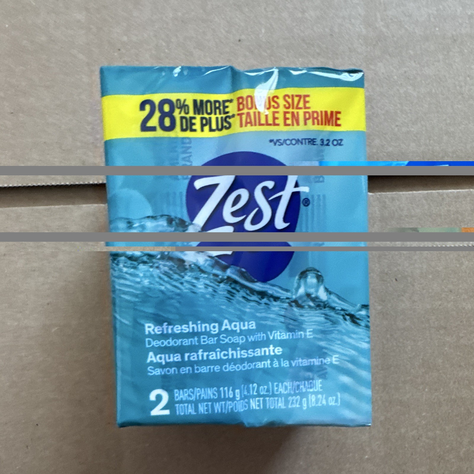 Zest Refreshing Aqua Deodorant Bar Soap w/ Vitamin E, 2 Bars 232g Bonus