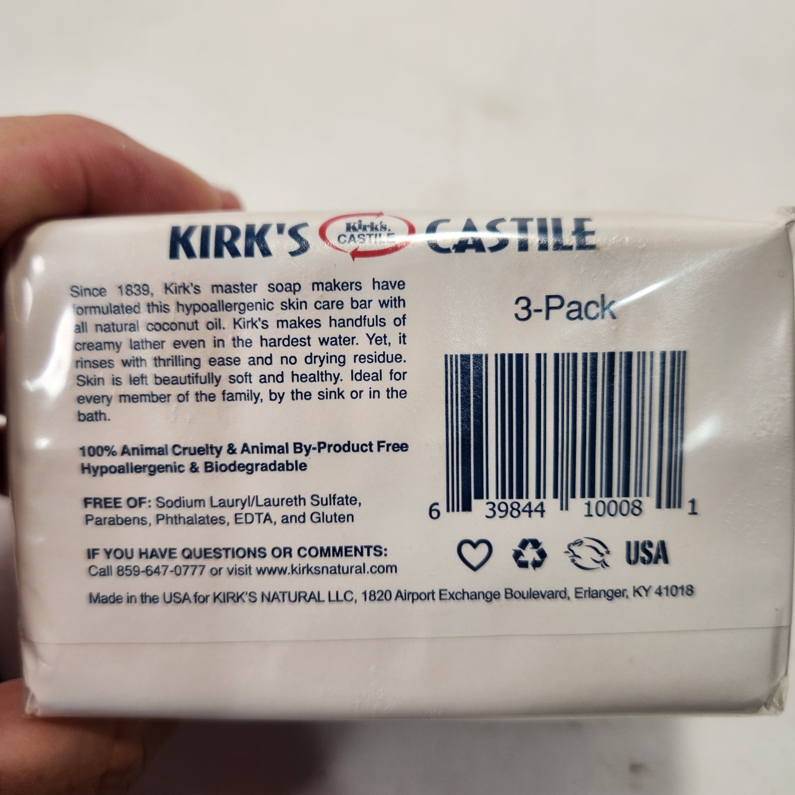 KIRK’S Original Coco Castile Botanical Coconut Oil Bar Soap 4 Oz 3 Pack NOS