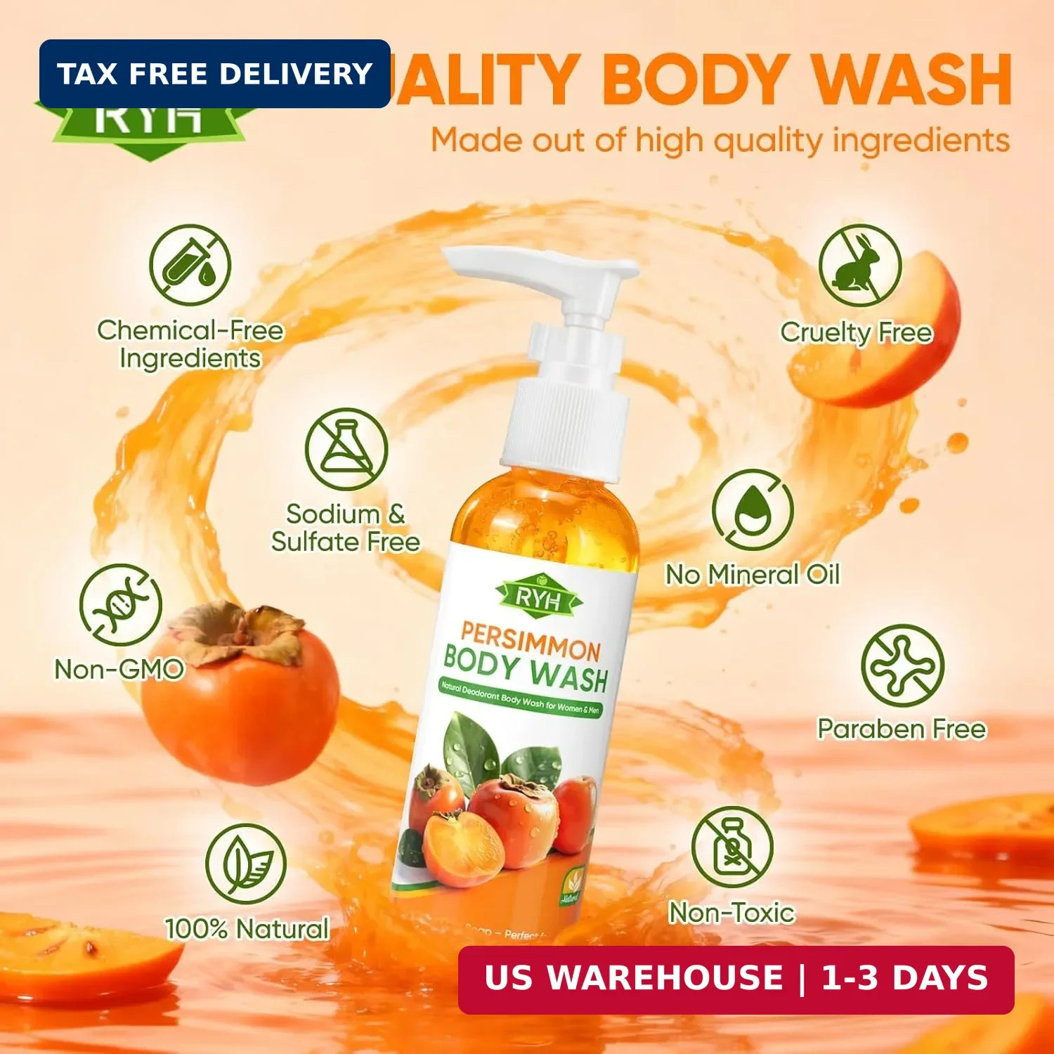 RYH Persimmon Body Wash for Odor Control – Natural Deodorant Soap Unisex 8.5 fl