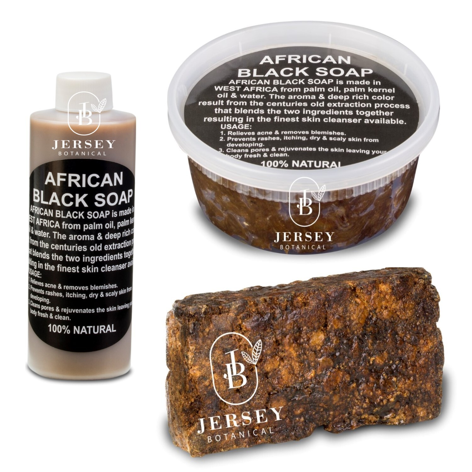 Raw African Black Soap 8 oz. Liquid, Bar, Paste TRIO PACK Natural Organic Pure