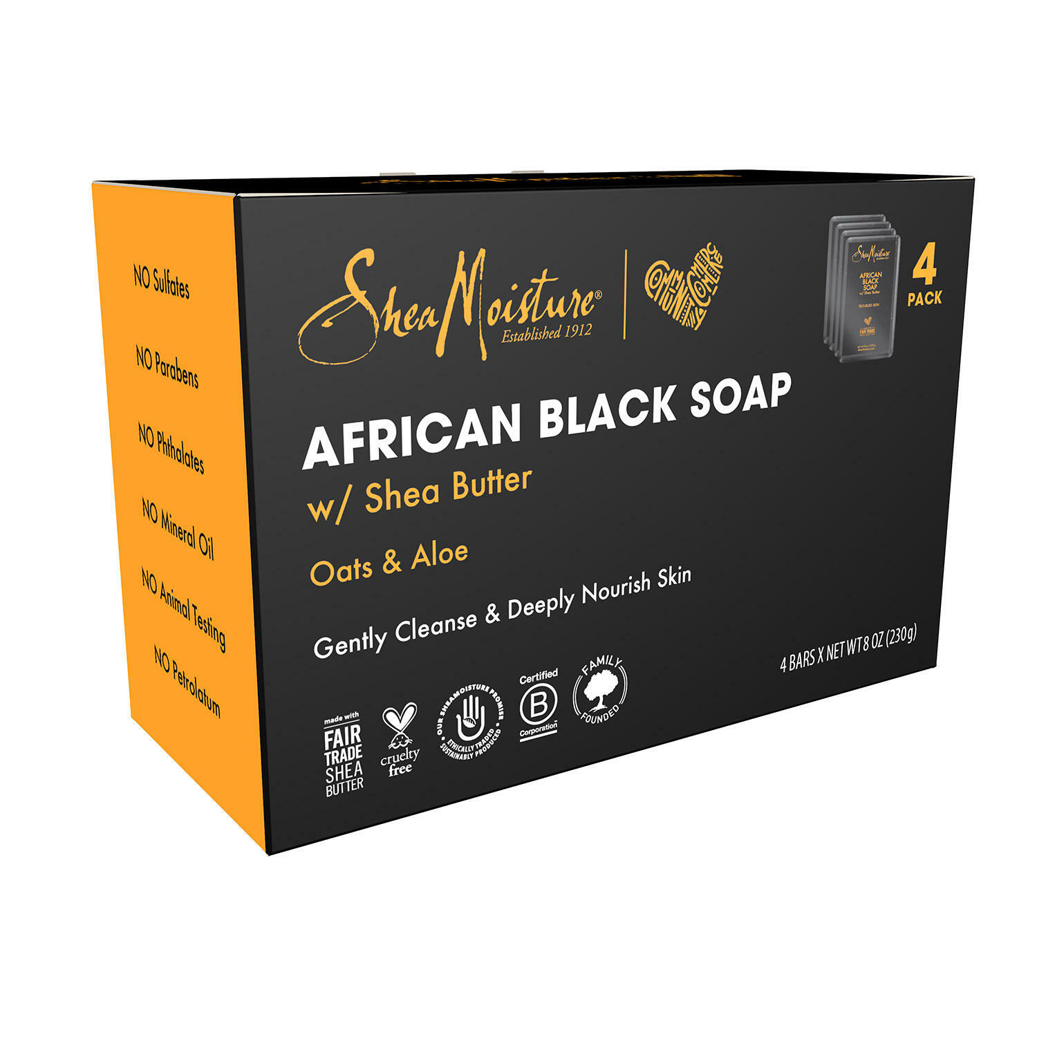 SHEA MOISTURE AFRICAN BLACK SOAP WITH SHEA BUTTER, (8 oz, 4 PK) NO PARABENS