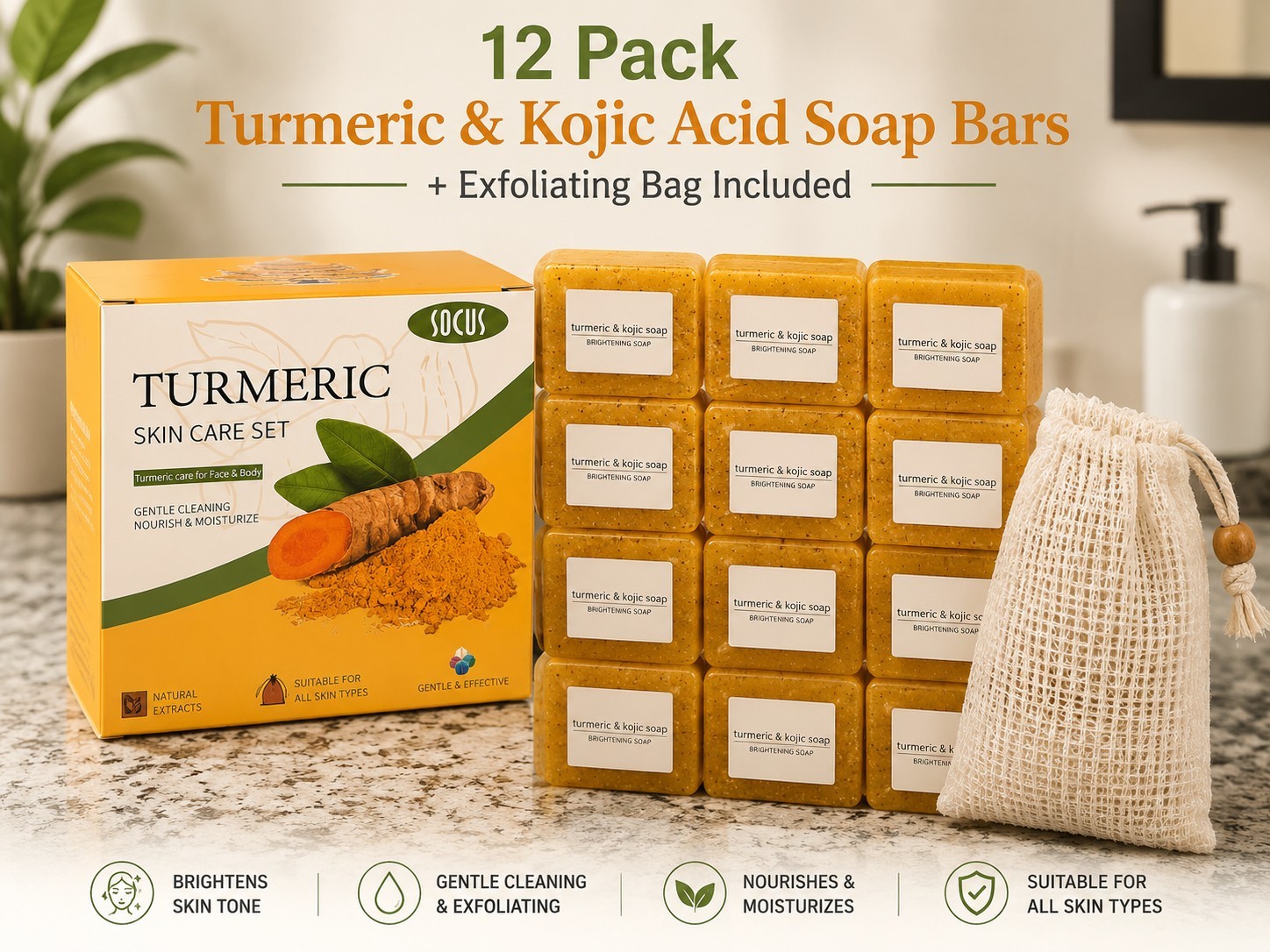 12 Pack Turmeric & Kojic Acid Soap Bars + Exfoliating Bag Included