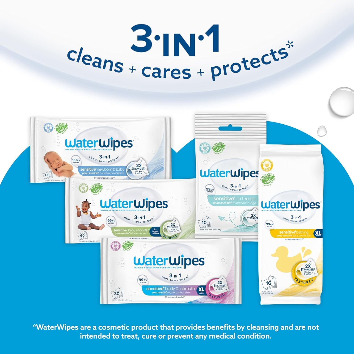 WaterWipes Sensitive+ Bathing Wipes, 3-In-1 Cleans, 16 Count (Pack of 1)