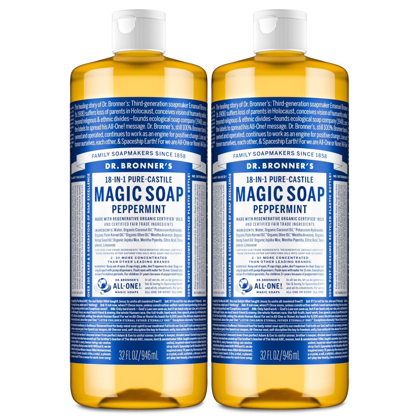 Pure-Castile Liquid Soap 32 oz (2-Pack) – Organic, Vegan, Non-GMO, Peppermint –