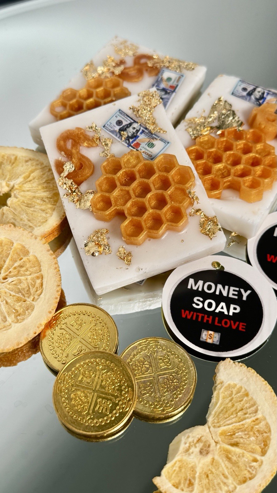 1 Glycerin Soap Bar with little Money Inside Orange & Honey / LIKE PHOTO
