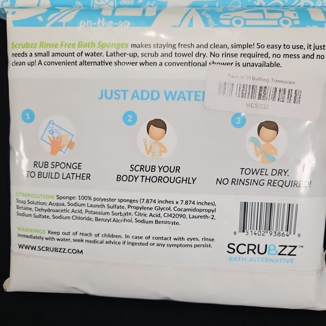 Scrubzz Rinse Free Bath Sponges Unscented 25 Pc Rinse Free Gym Camping Travel