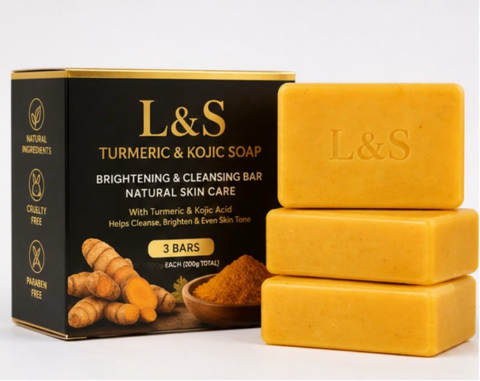 L&S Turmeric & Kojic Soap 3 Pack – Natural Skin Care Cleansing Bars – 100g Each