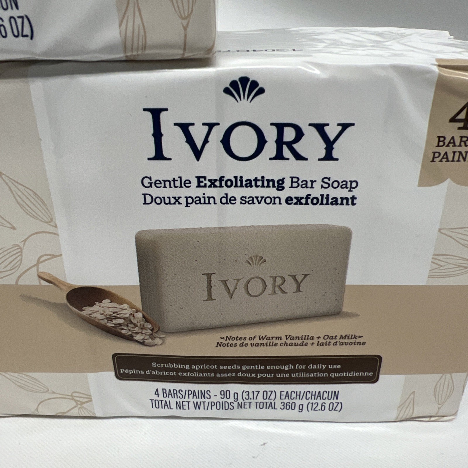 Ivory Exfoliating Soap W/ Apricot Seed And Oat milk & Hint Warm Vanilla 12 Bars