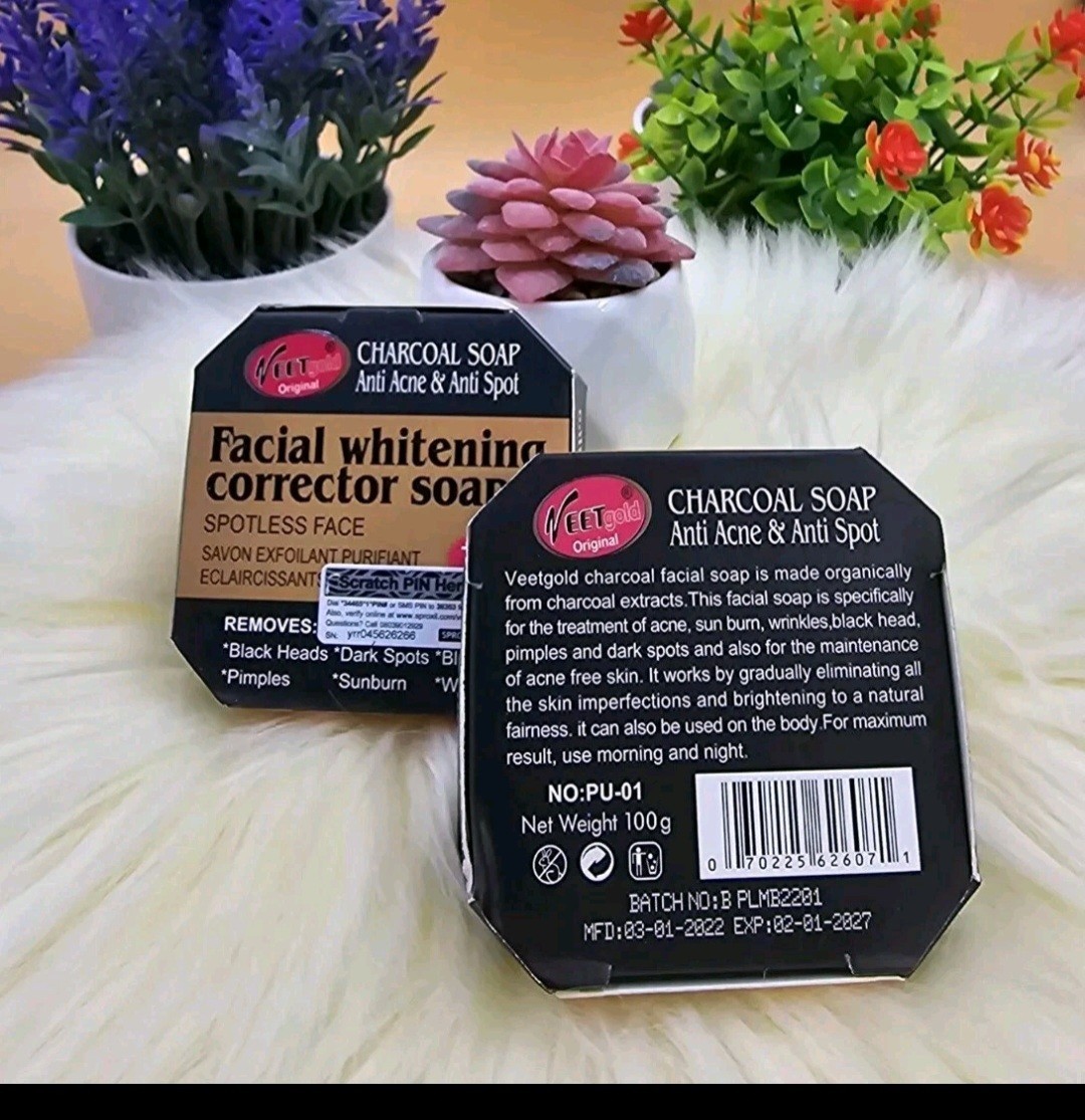 2 Veetgold Charcoal Soap. Facial Whitening Corrector Soap. 100g X 2