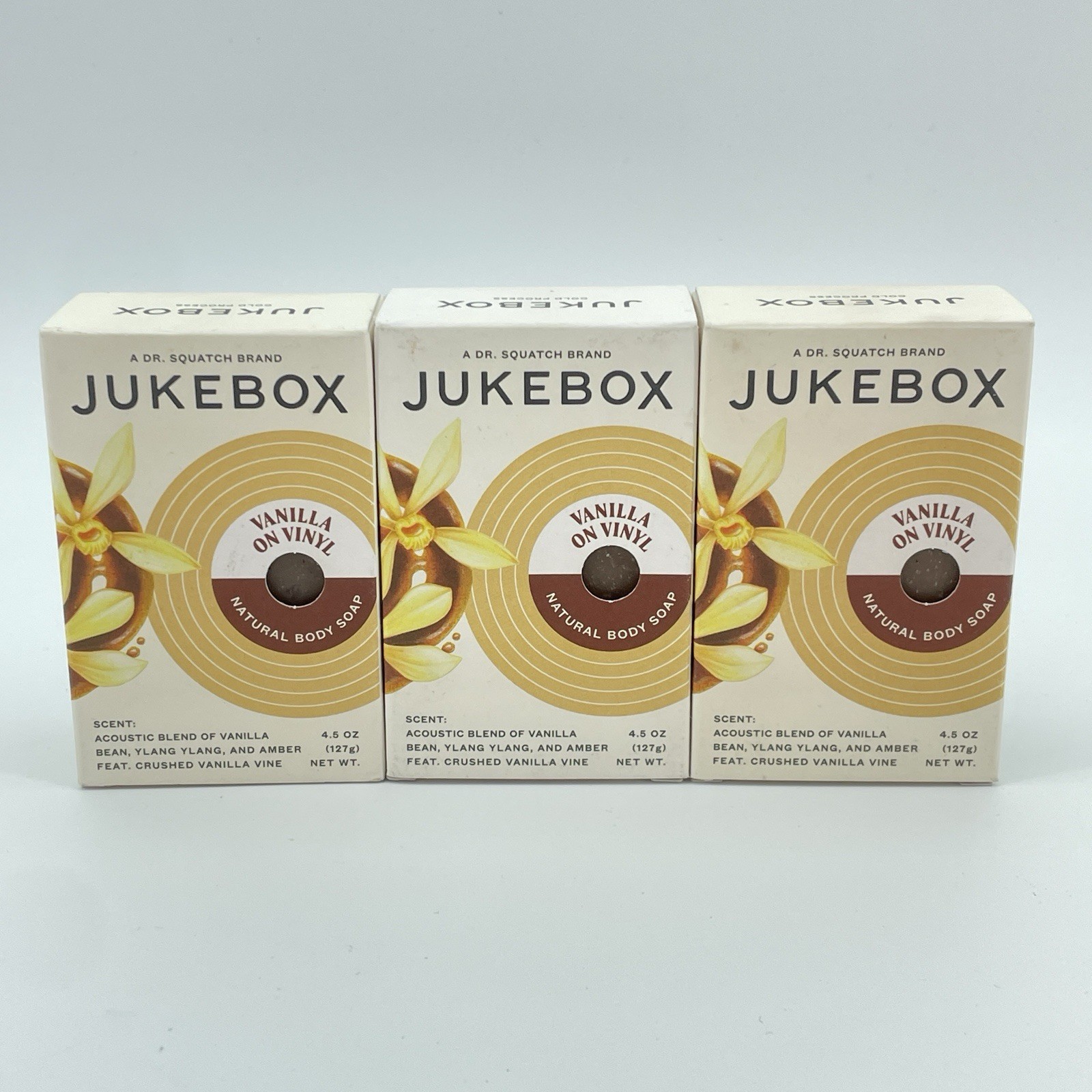 JUKEBOX Vanilla On Vinyl Body Soap 3 Pack Natural Medium Scrub 4.5oz NEW