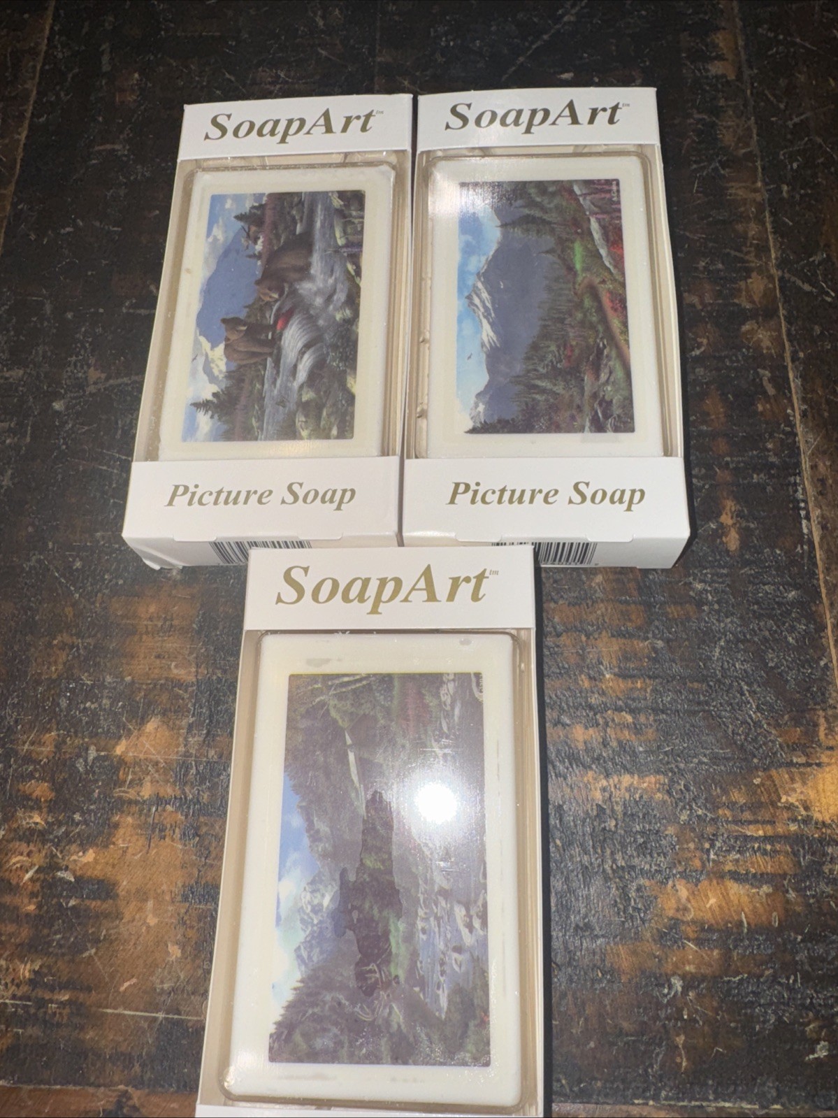 Vintage 3 Piece Soap Art Picture Soaps Wildlife Mountain Deer Bear – 3 oz – NEW!