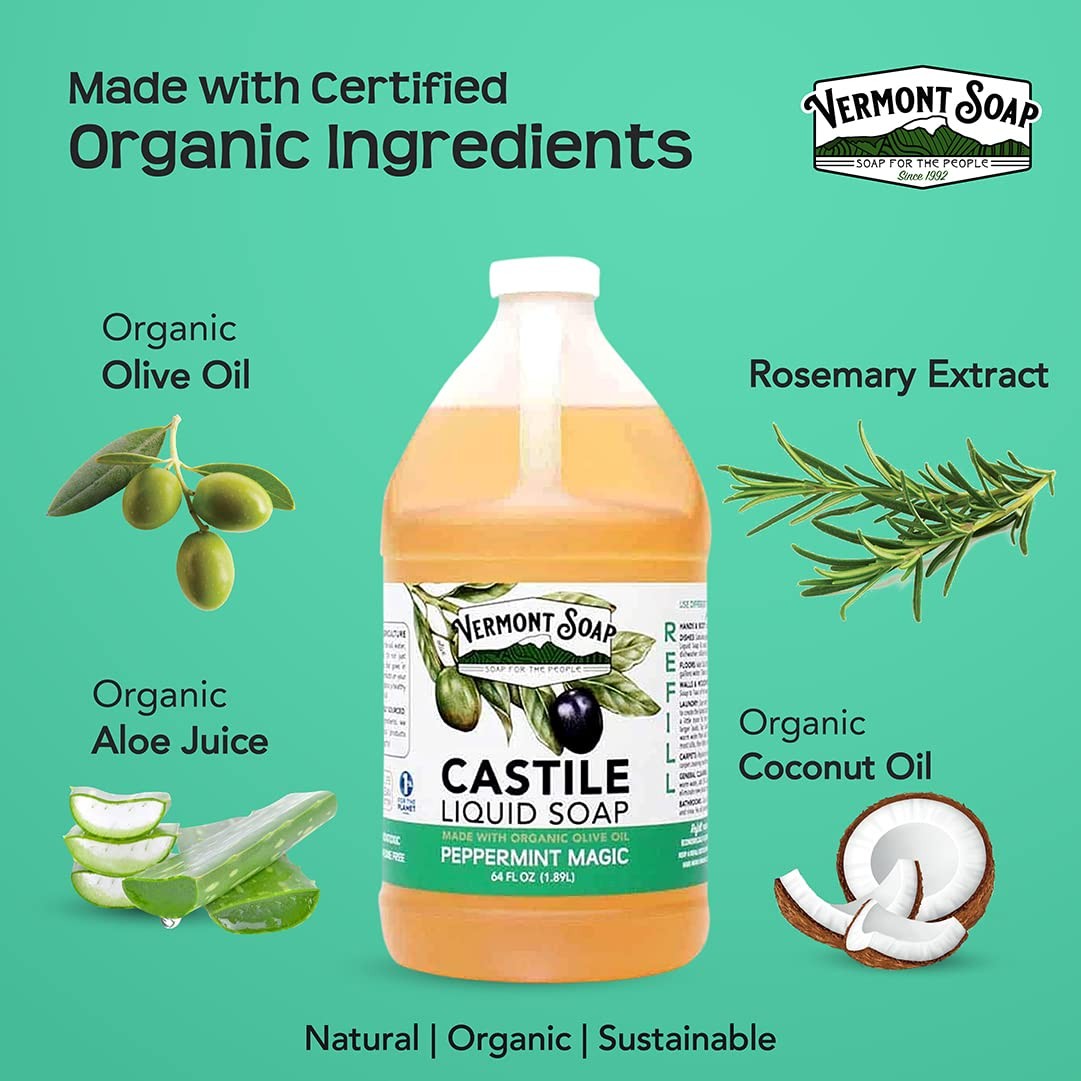 Vermont Castile Soap Peppermint, Gentle Liquid for 64 Fl Oz (Pack of 1)