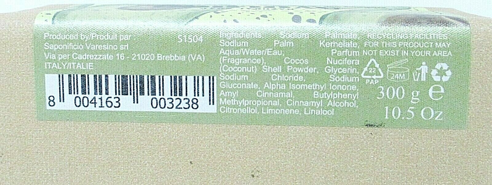 Italian Luxury Bar Soap 10.5oz Natural Avocado with coconut shell exfoliating
