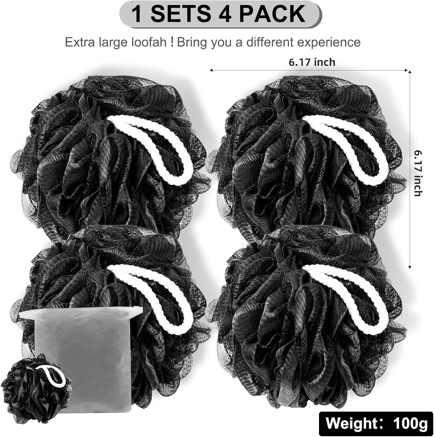 Loofah Sponge XXL-100g 4 Pack, Bath Soft 1 Count (Pack of 4), Black