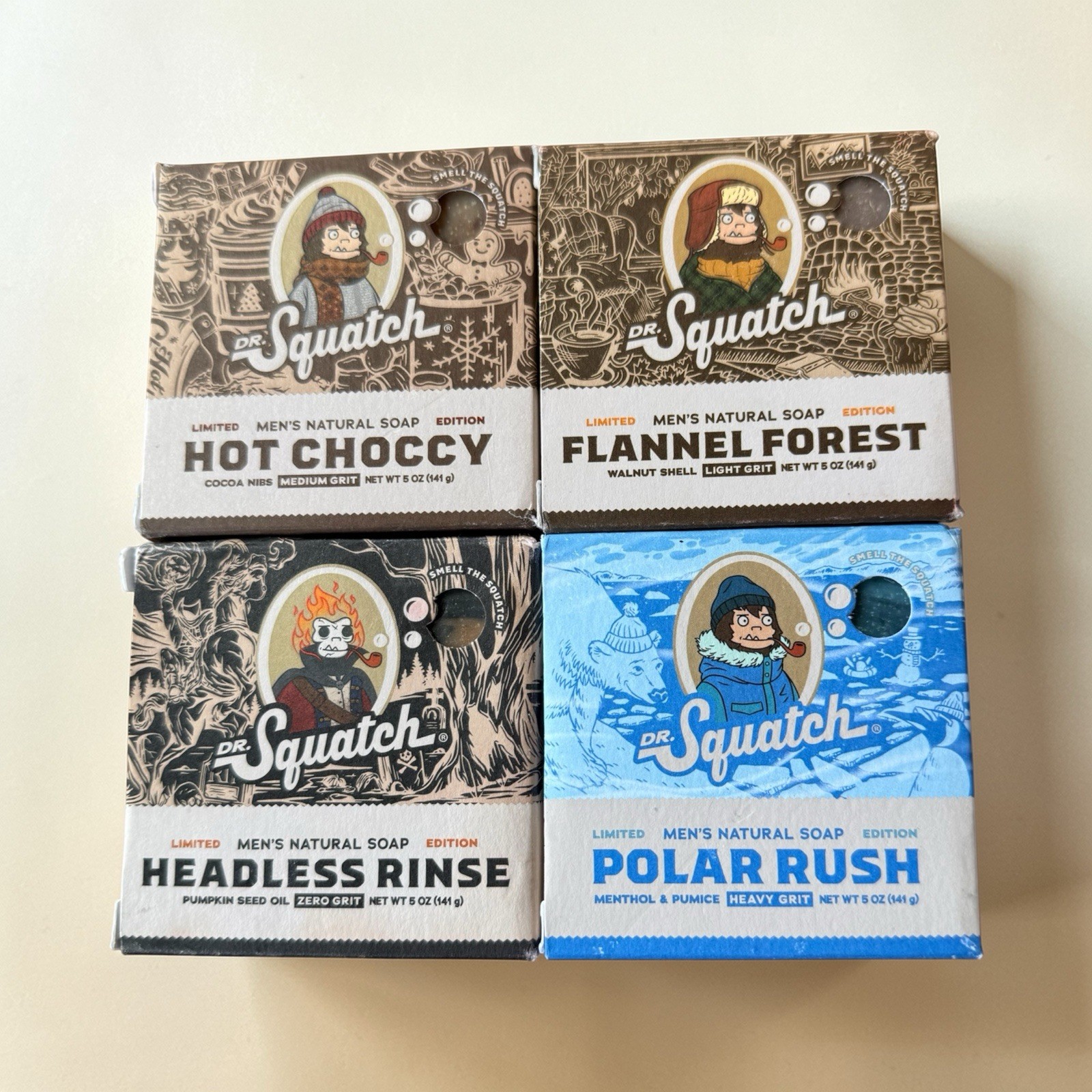 Dr Squatch Soap Lot 4 Pack Flannel Forest Polar Rush Headless Rinse Hot Choccy