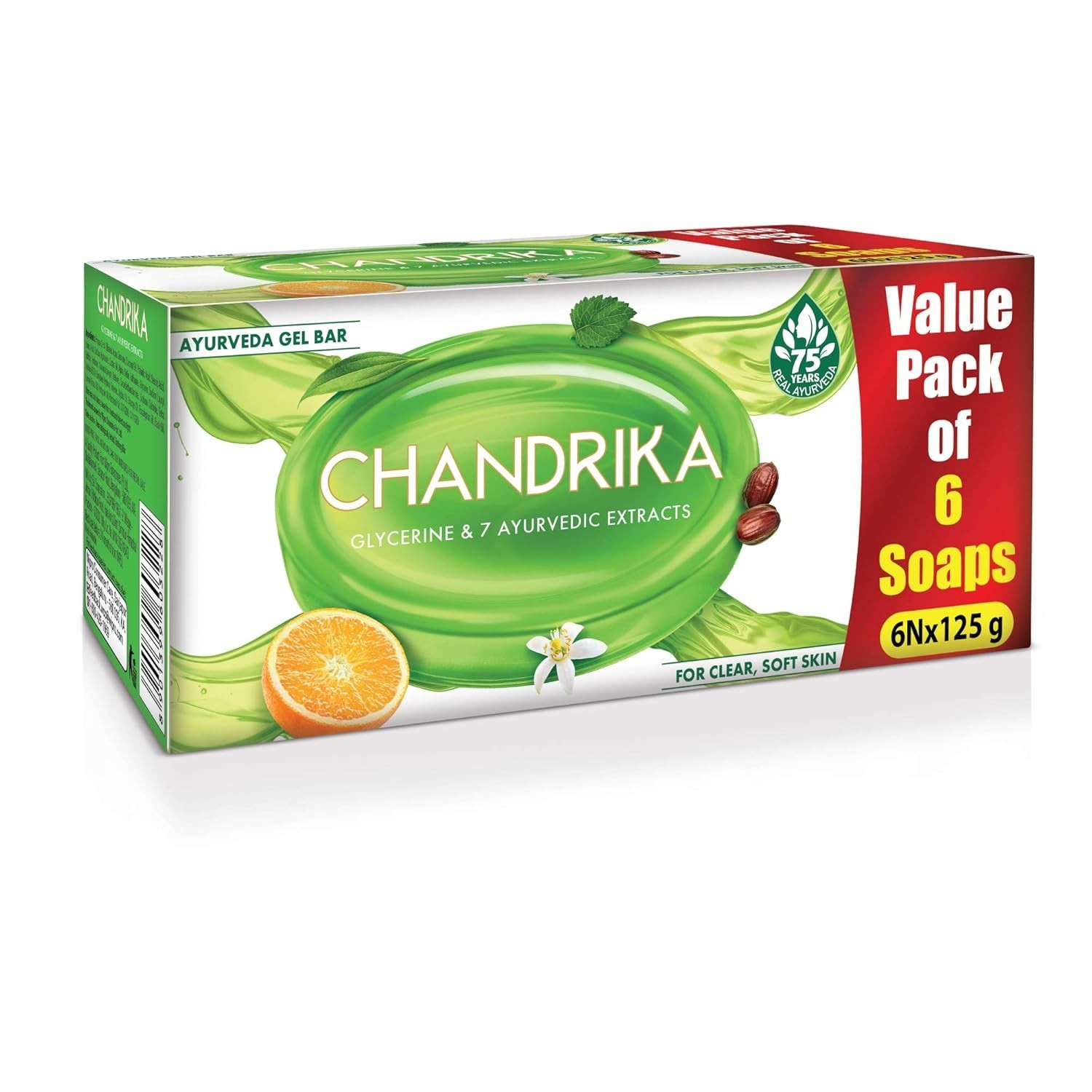 6 X Chandrika Glycerine Ayurveda Gel Bar Soap Jojoba Oil Moisturized Skin 125g