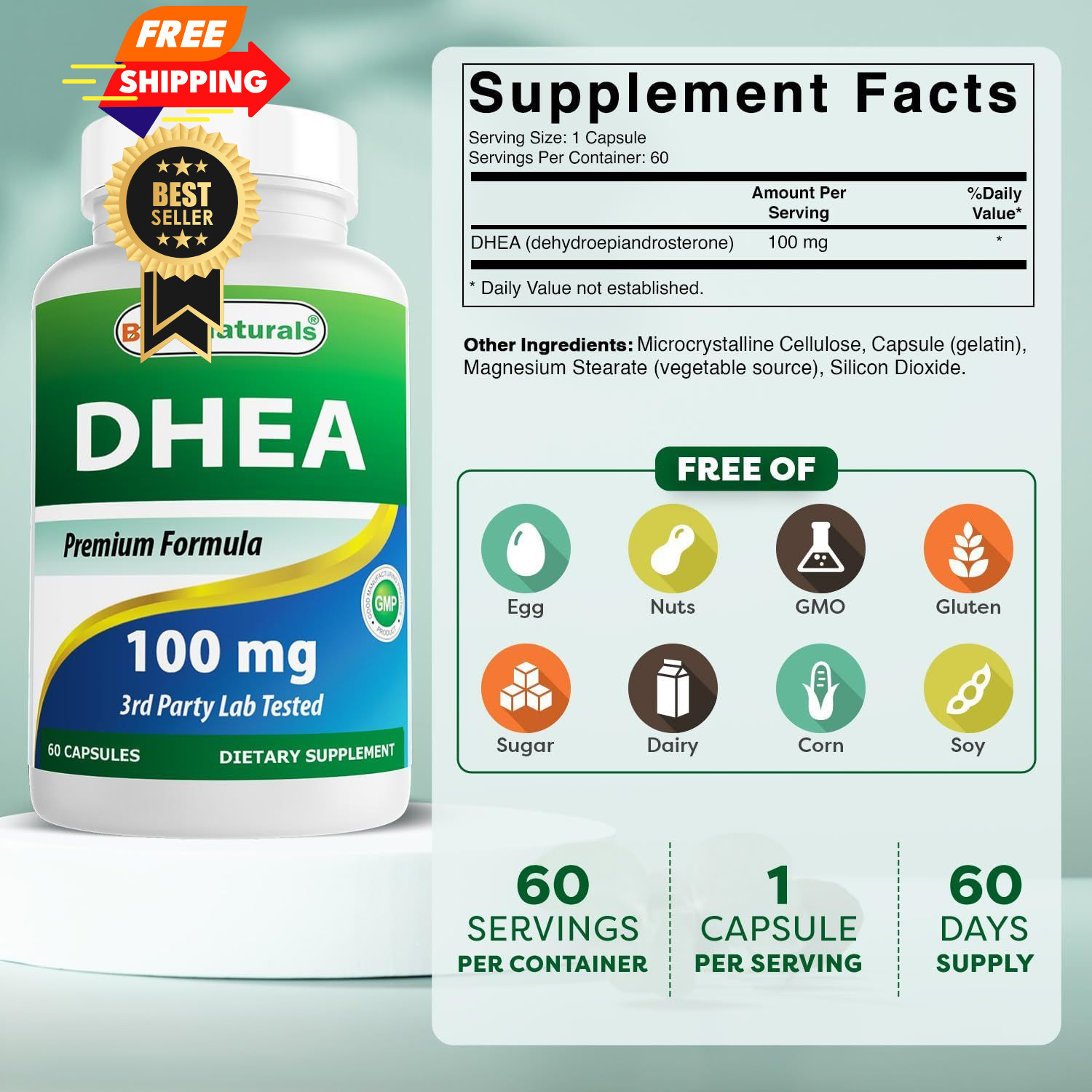 Best Naturals DHEA 100mg Supplement 60 Capsules 60 Count (Pack of 1), 100 Mg