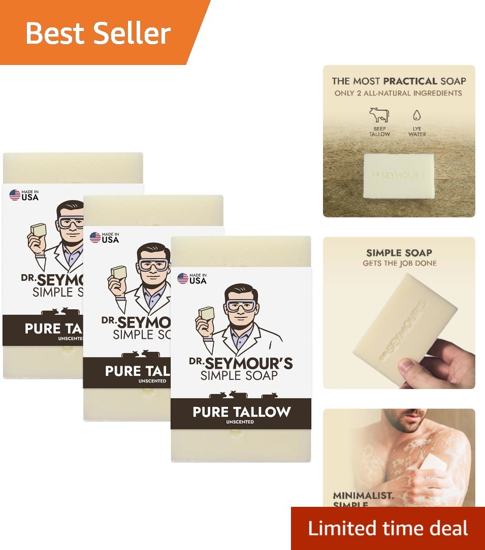 Handmade Pure Beef Tallow Soap Bar 3-Pack – Fragrance-Free, All-Natural Wash