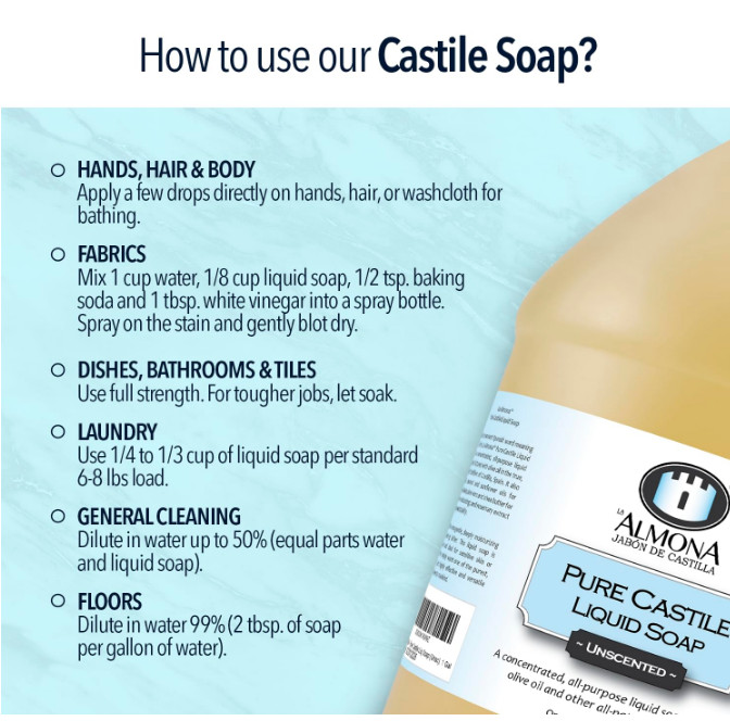La Almona – Pure Castile Liquid Soap Unscented, 1 Gallon