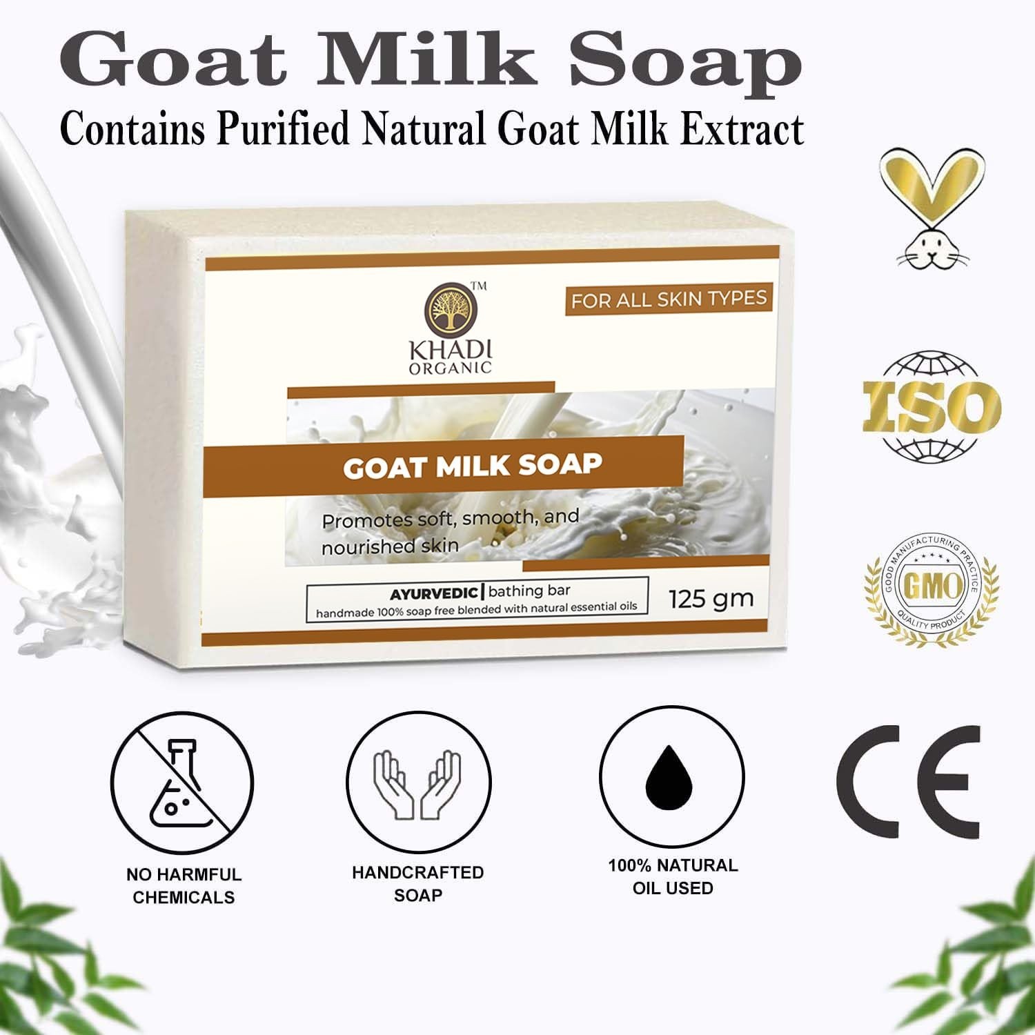 Khadi Organic Natural Handmade Goat Milk Soap, 125g,(Pack 2, Goat Milk)