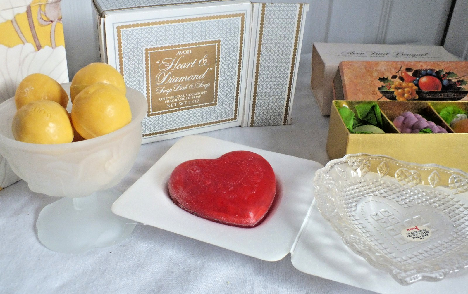 3 Avon Heart & Diamond soap and dish FRUIT BOUQUET glass Flowerfrost sherbet lot