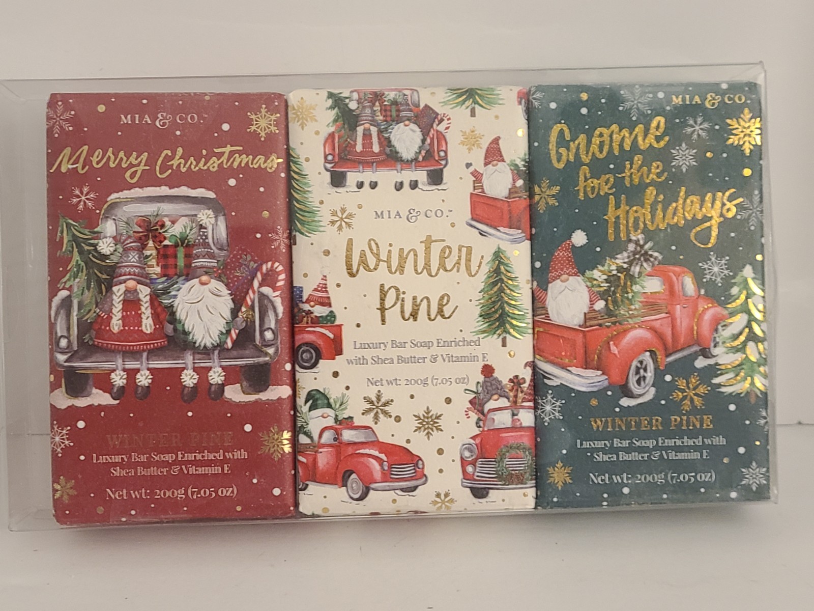 Box of 3: 7 oz Mia & Co Winter Pine Luxury Plant Based Soap Gnome Themed Wrapper