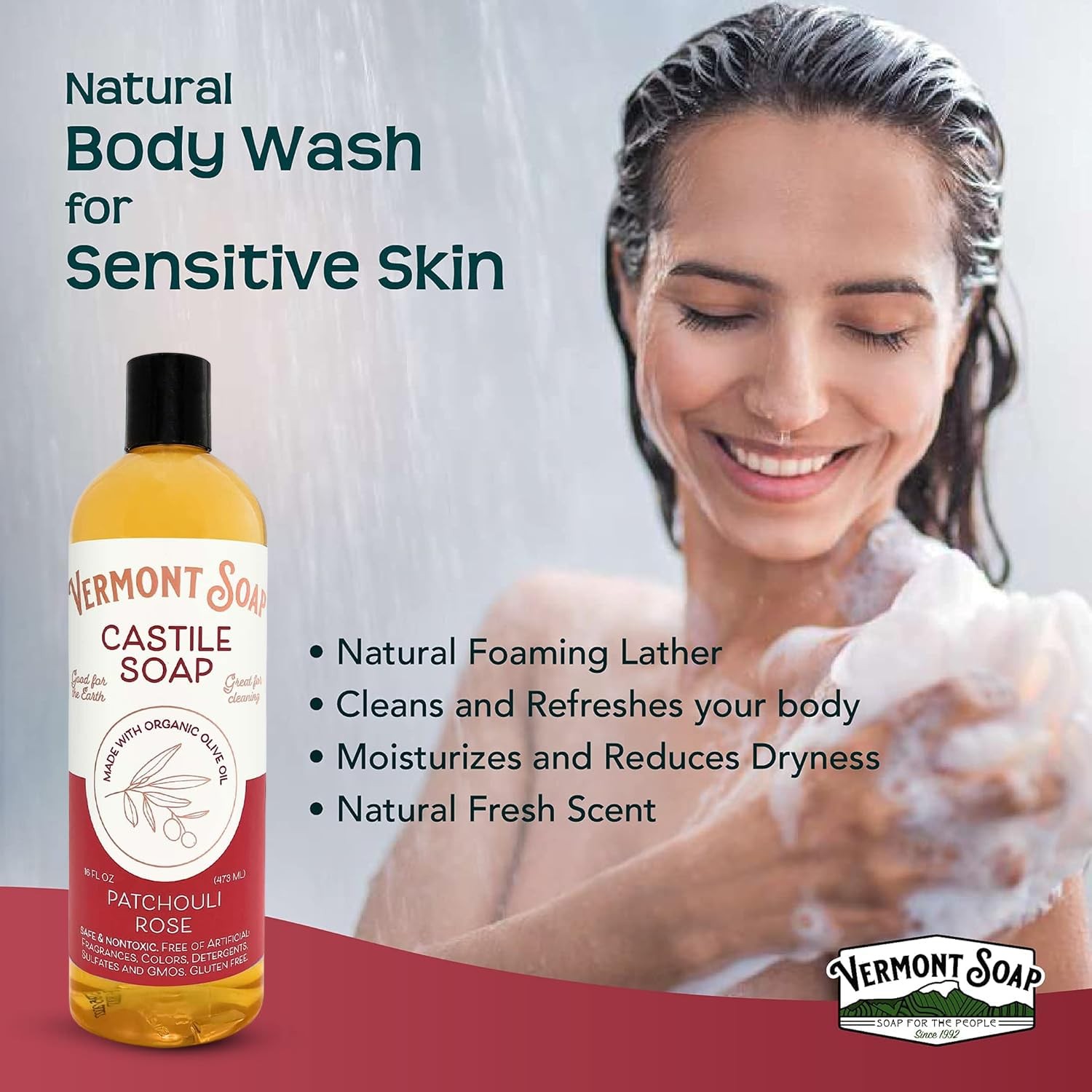 Vermont Castile Soap Patchouli Rose, Gentle Liquid Soap for Sensitive Skin & …