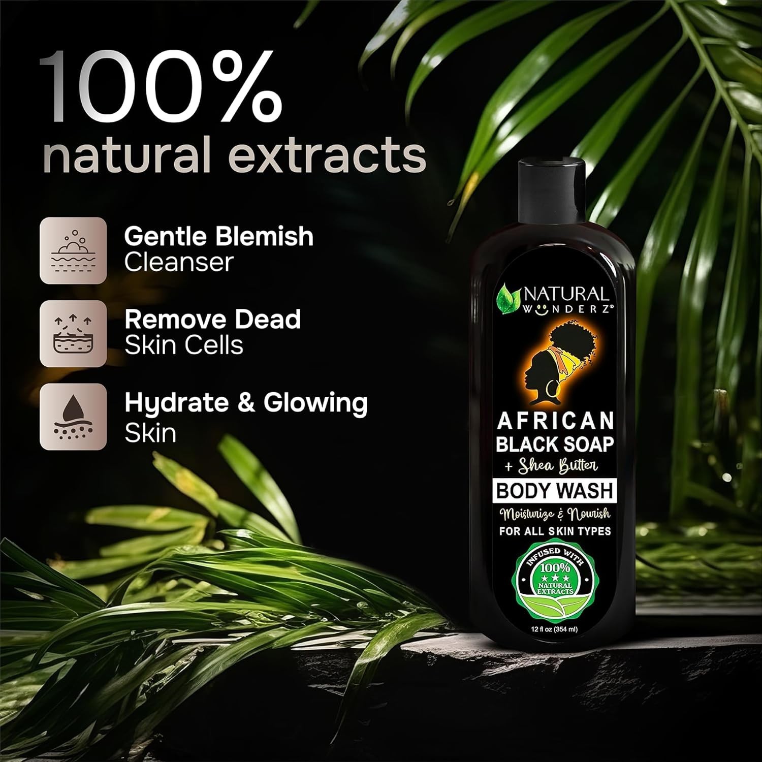 Natural Wunderz African Black Soap Body Wash, 12 oz – 12 Fl Oz (Pack of 1)