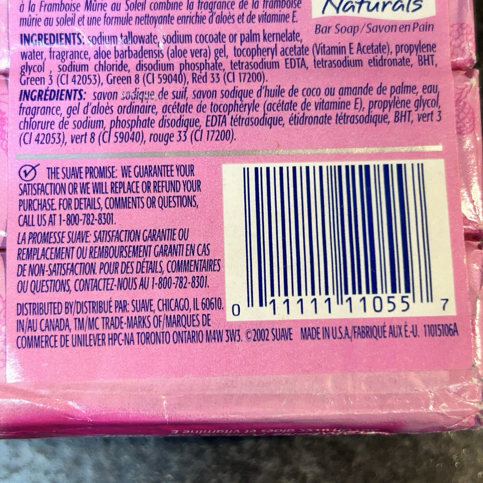 2002 Suave Naturals SUN RIPENED RASPBERRY Bar Soap 3- 4 oz Bars Discontinued