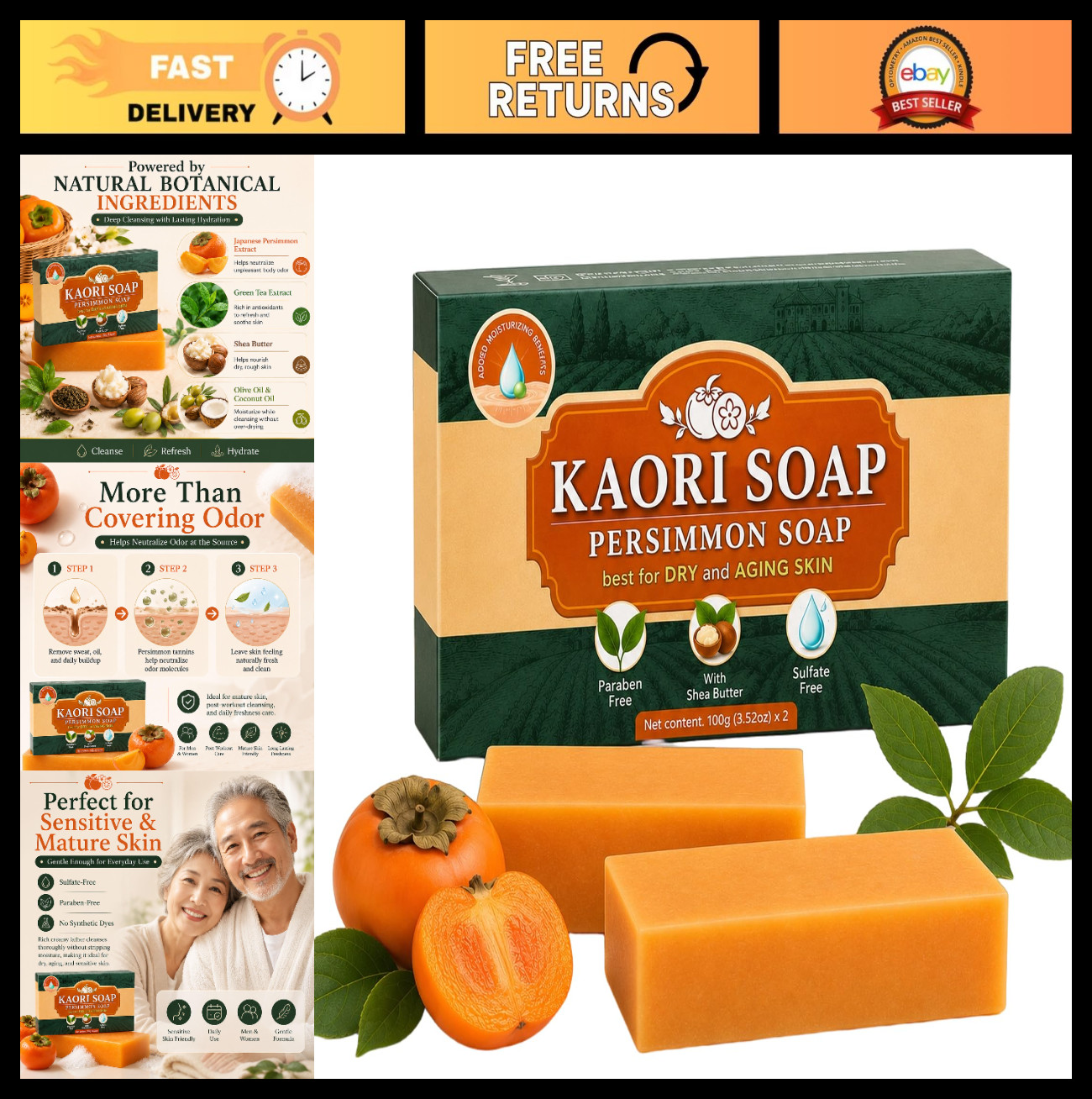 Natural Deodorizing Persimmon Soap for Dry Aging Skin, Green Tea Extract, Gentle