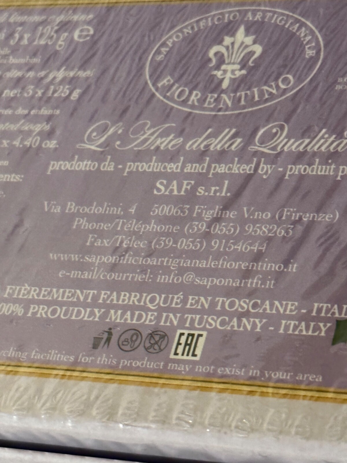 SAPONIFICIO ARTIGIANALE FIORENTINO *LEMON & WISTERIA * 3 x 4.40oz Handmade Soap