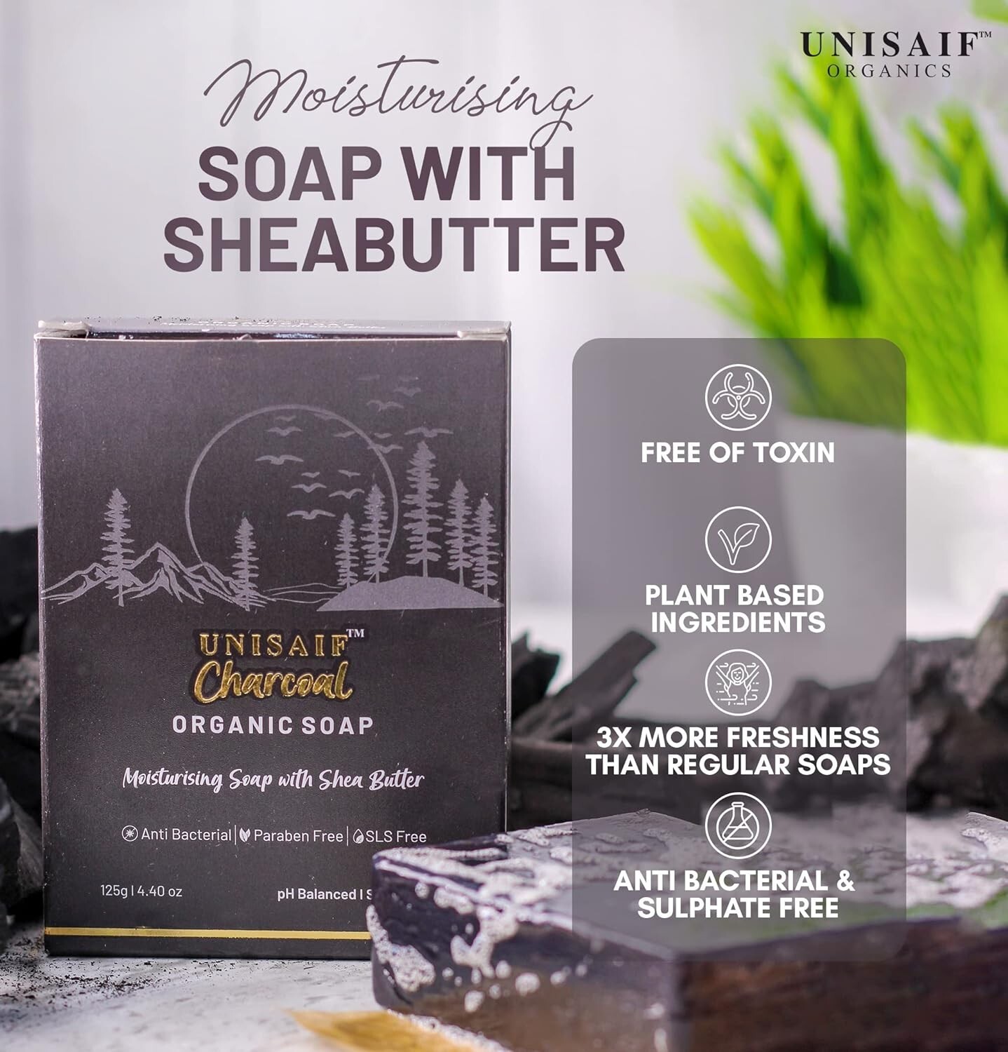 Unisaif Classic Charcoal Organic Body Soap Bar, Moisturizing With Shea Butter