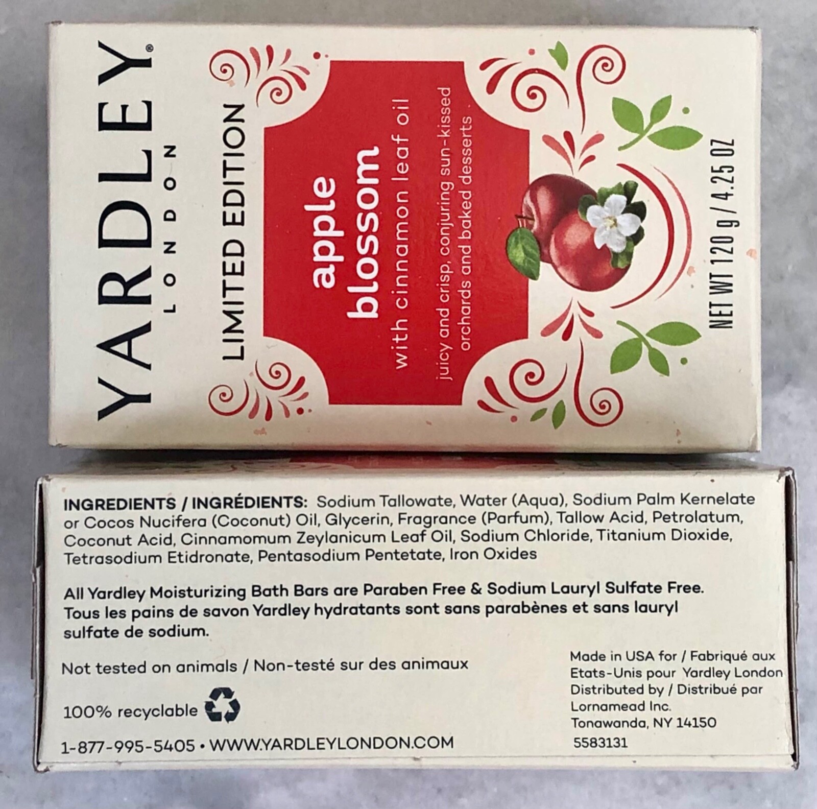 Yardley London APPLE BLOSSOM Soaps, Lot of 8, 4.25 oz each, Cinnamon Leaf Oil