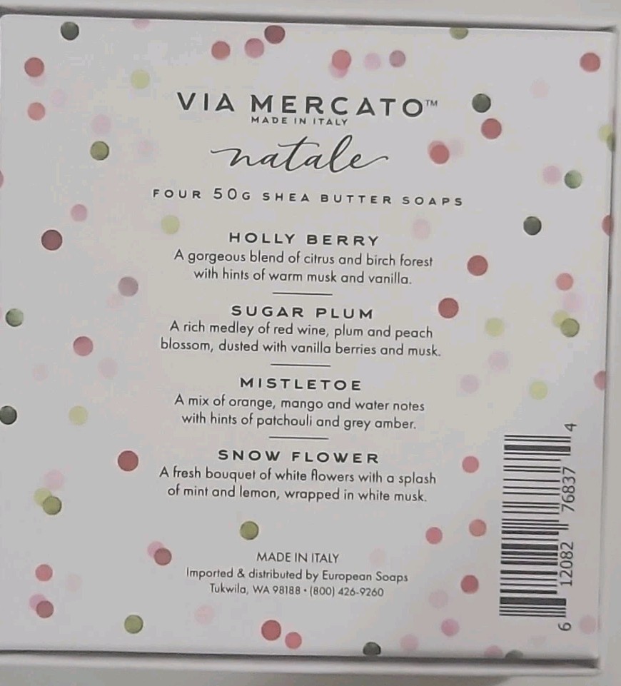 Via Mercato Natale Gift Set 4-50 Gram Shea Butter Holiday Scented Soaps Set of 4