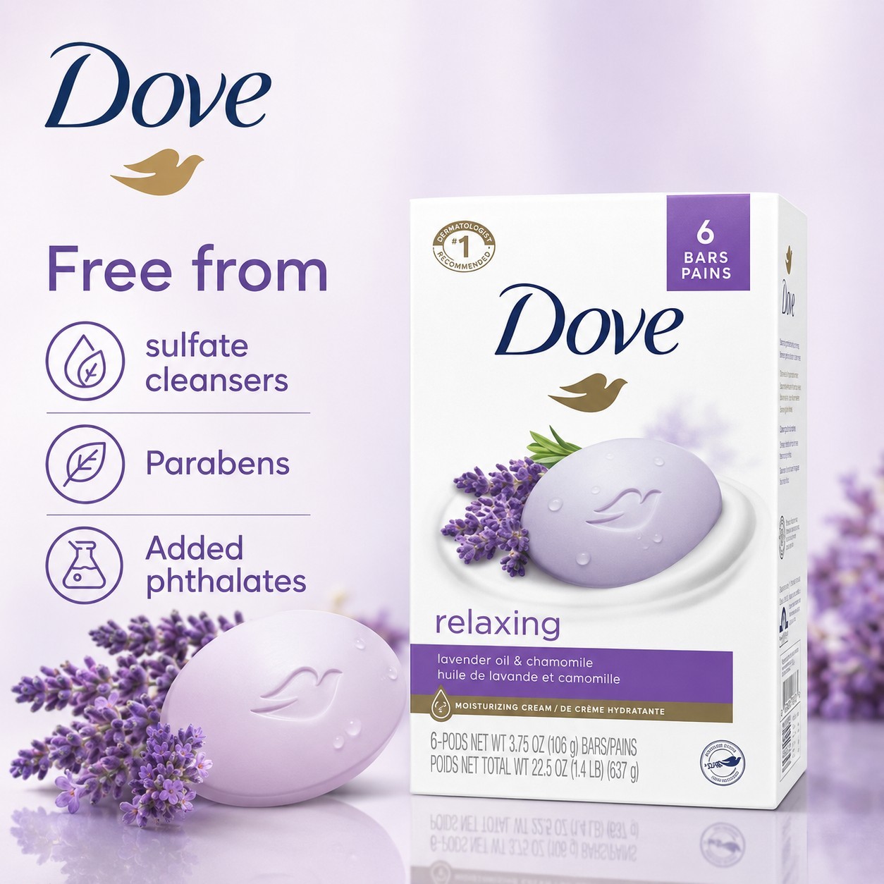 2x Dove Relaxing Beauty Bar Body Soap Lavender Oil & Chamomile 6 Bars 22.5 oz